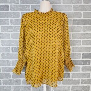 Maison d'Amelie Floral Print Blouse Women's Small Ruffle Neck Metallic Thread‎